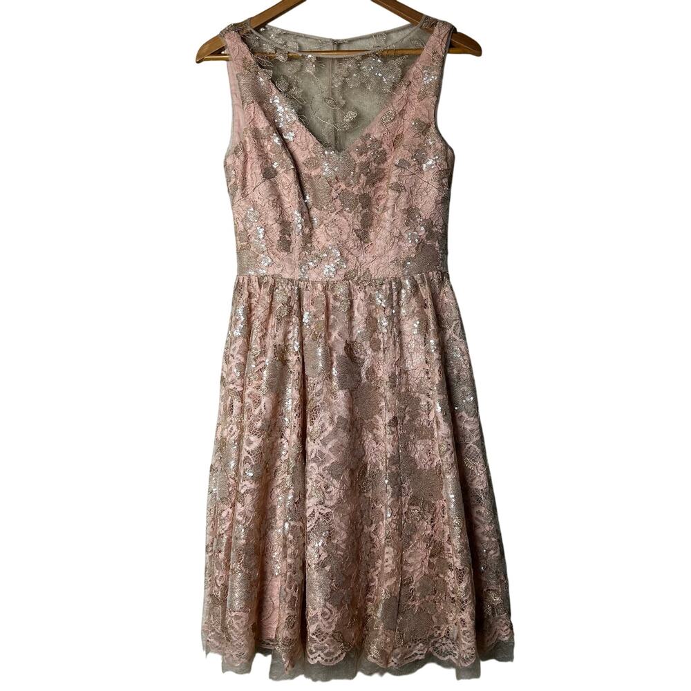 Vera Wang Dress Size 4 Lace Elusion Rose Gold Silver Sequins‎ Cocktail Formal